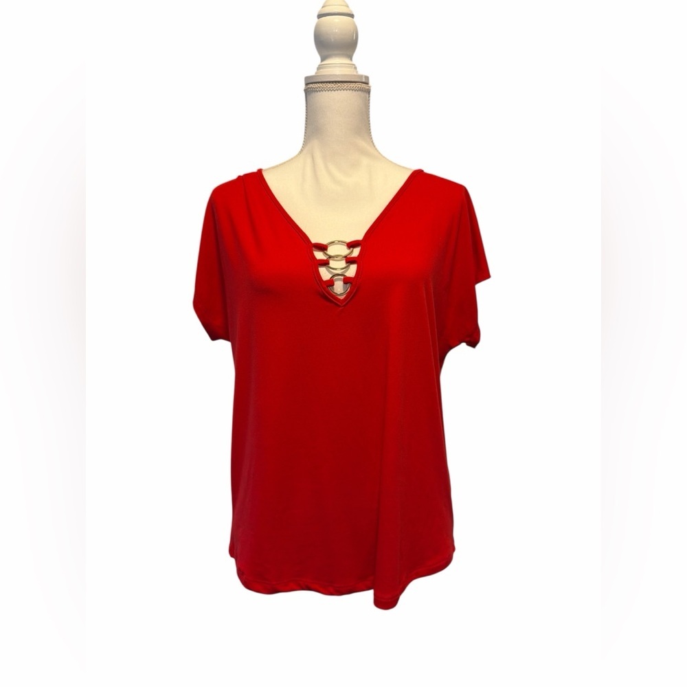 Blu Pepper Red Lattice V-Neck Top Size 2XL